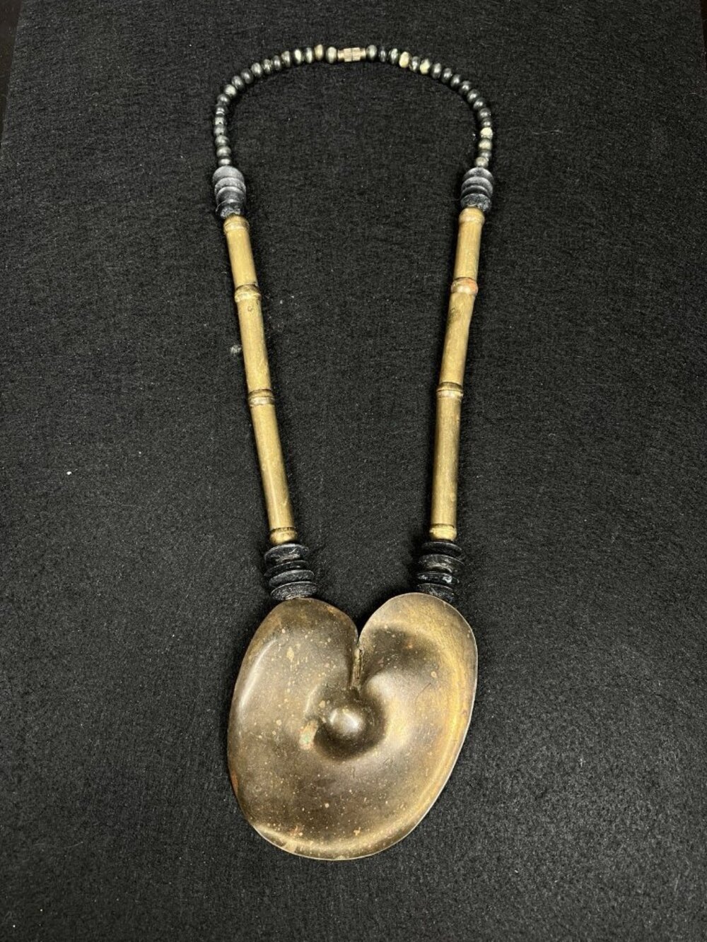 Vintage Brass 3D Lily Pad Necklace Black Beads 21" Large Statement Pendant